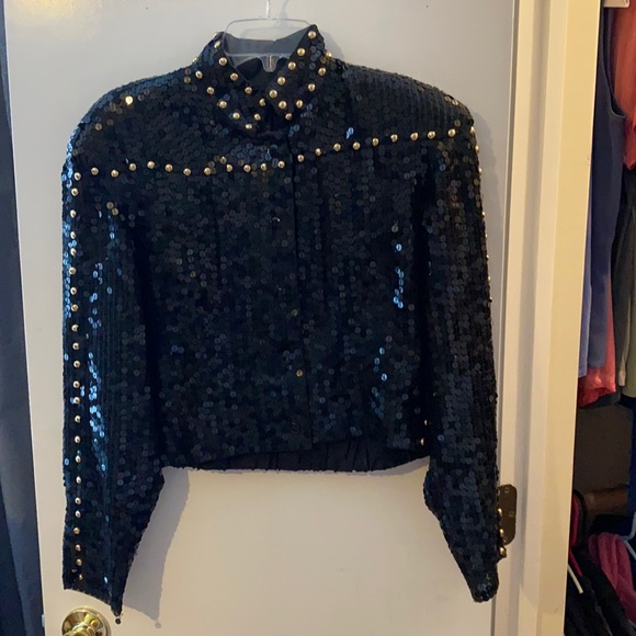 Black sequin jacket with beaded sun face on back ladies - Picture 3 of 9